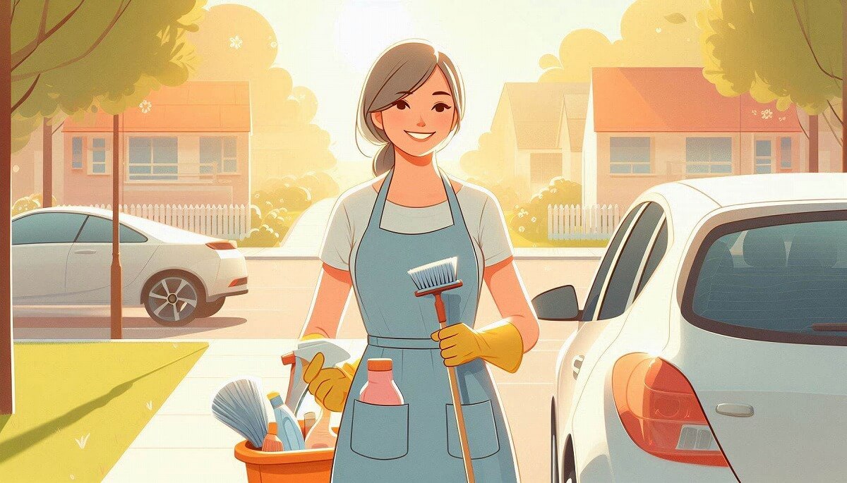 家事代行サービスのスタッフが、担当の家に道具を持って向かう様子