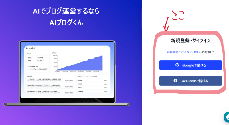 AIブログくんはFacebookかGoogleアカウントと連携