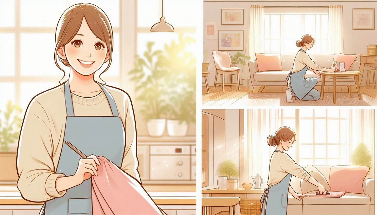 エプロン姿の女性が料理、アイロン、掃除をしている様子。