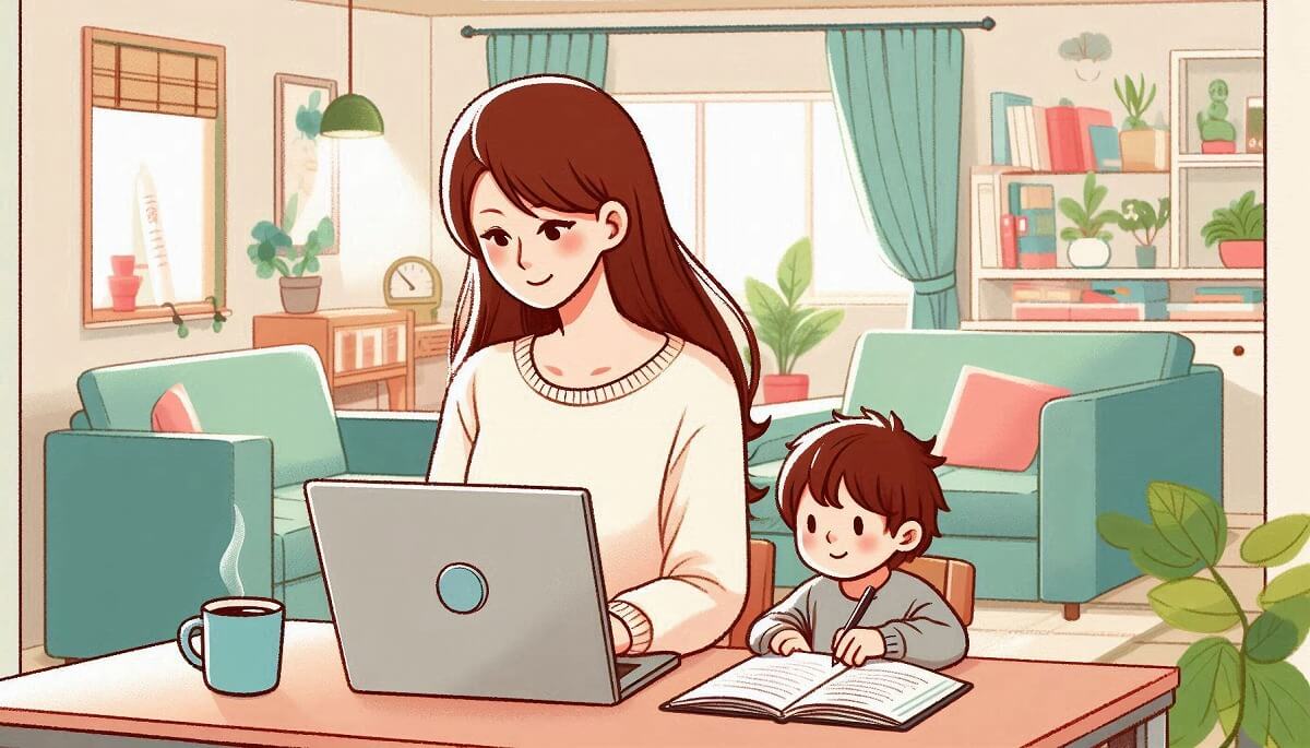 子どもの隣で女性がパソコンから家事代行の求人に応募している様子