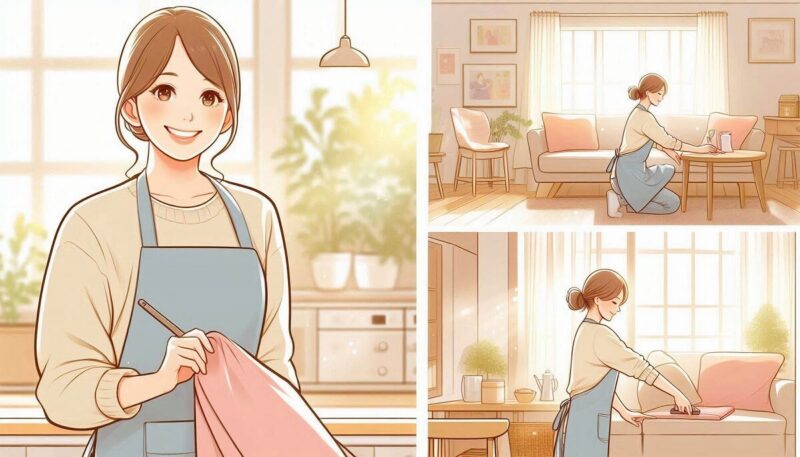 楽しそうに家事代行の仕事をする女性。