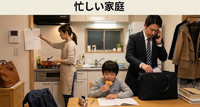 母親が料理、父親がスーツ姿で電話をしている忙しそうな家庭