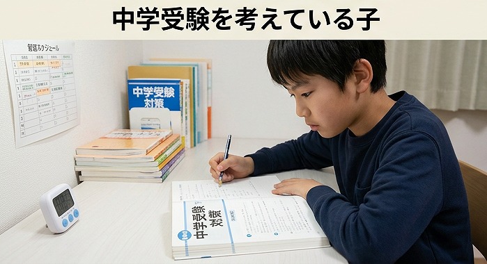 中学受験対策のテキストに取り組む男の子