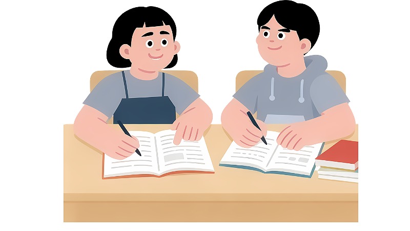 兄弟が机で並んで勉強している姿